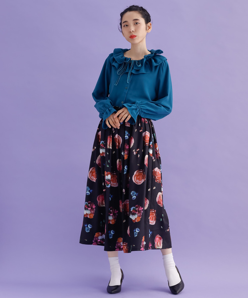 MERLOT（メルロー）の「ポールドフローラル柄スカート7856（スカート・レディース・ブラック/ブラウン・FREE）」の3枚目の写真