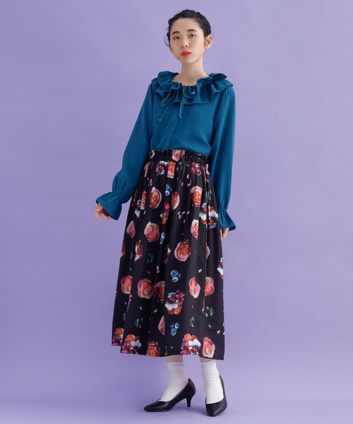 MERLOT（メルロー）の「ポールドフローラル柄スカート7856（スカート・レディース・ブラック/ブラウン・FREE）」の5枚目の写真