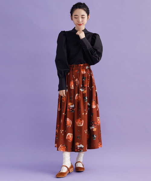 MERLOT（メルロー）の「ポールドフローラル柄スカート7856（スカート・レディース・ブラック/ブラウン・FREE）」の7枚目の写真