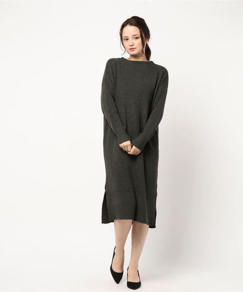 Editt by YECCA VECCA（エディットバイイェッカヴェッカ）の「・ワッフル編みニットワンピース（ワンピース・レディース・チャコールグレー/ベージュ/グリーン/マスタード・FREE）」の2枚目の写真