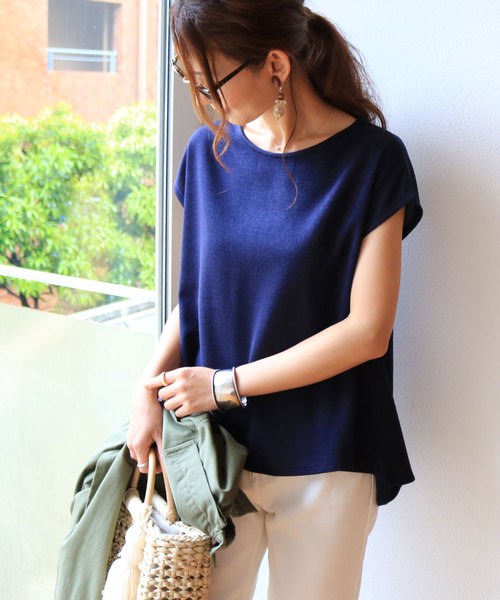 andme（アンドミー）の「ニットソーフレンチスリーブフレアトップス（Tシャツ/カットソー・レディース・オフホワイト/カーキ/ライトベージュ/ブラック/ベージュ/ネイビー/ブラウン・M）」の7枚目の写真