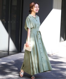 セール ブランド古着 レディースのシャツワンピース グリーン カーキ 緑色系 リネン 麻 古着通販 Zozoused