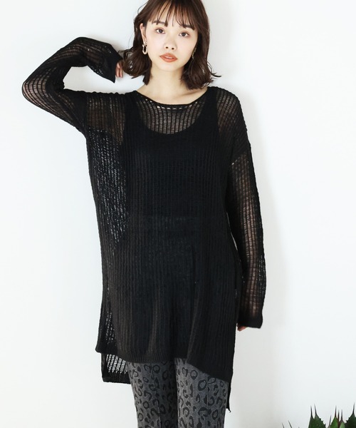 ARCANUM DESIGN（アルカナムデザイン）の「ARL ラウンドネックロングメッシュニット（ニット/セーター・レディース・ブラック/グレー・FREE）」の2枚目の写真