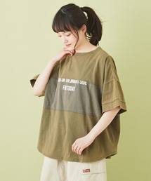 CUBE SUGAR（キューブシュガー）の「WEB限定 OE天竺 × 布帛 切替 プリント 裾ラウンド 半袖Tシャツ（Tシャツ/カットソー）」