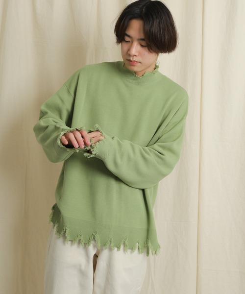 SENSE OF PLACE by URBAN RESEARCH（センスオブプレイスバイアーバンリサーチ）の「【WEB/一部店舗限定】ダメージハイネックルーズトップ（ニット/セーター・メンズ・グレー/アイボリー/グリーン系その他/ブルー系その他・MEDIUM/LARGE/X-LARGE）」の7枚目の写真