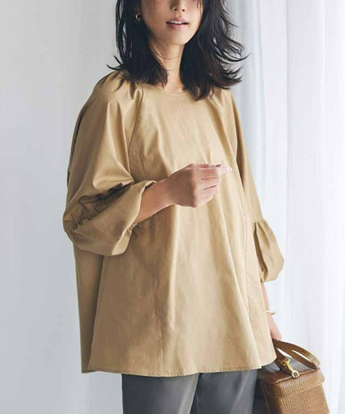 IEDIT（イディット）の「ＩＥＤＩＴ　切り替えギャザースリーブの軽やかプルオーバー（シャツ/ブラウス・レディース・ブラック/オレンジ/ベージュ・MEDIUM/XX-LARGE/LARGE/X-LARGE/XXX-LARGE/SMALL）」の2枚目の写真