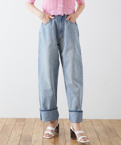 Futier land（フューティアランド）の「ルーズハイウエストロールアップワイドジーンズ（デニムパンツ・レディース・ライトブルー/インディゴブルー・SMALL/MEDIUM/LARGE）」の22枚目の写真