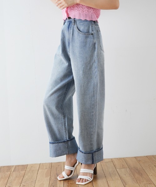 Futier land（フューティアランド）の「ルーズハイウエストロールアップワイドジーンズ（デニムパンツ・レディース・ライトブルー/インディゴブルー・SMALL/MEDIUM/LARGE）」の14枚目の写真