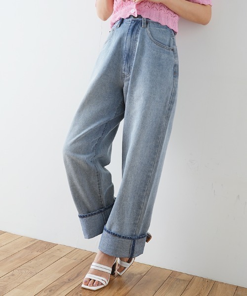 Futier land（フューティアランド）の「ルーズハイウエストロールアップワイドジーンズ（デニムパンツ・レディース・ライトブルー/インディゴブルー・SMALL/MEDIUM/LARGE）」の8枚目の写真