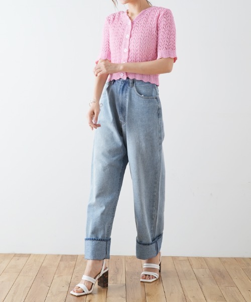 Futier land（フューティアランド）の「ルーズハイウエストロールアップワイドジーンズ（デニムパンツ・レディース・ライトブルー/インディゴブルー・SMALL/MEDIUM/LARGE）」の19枚目の写真