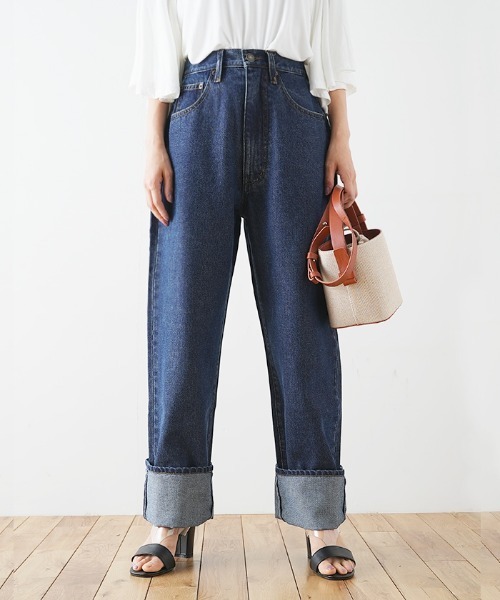 Futier land（フューティアランド）の「ルーズハイウエストロールアップワイドジーンズ（デニムパンツ・レディース・ライトブルー/インディゴブルー・SMALL/MEDIUM/LARGE）」の9枚目の写真