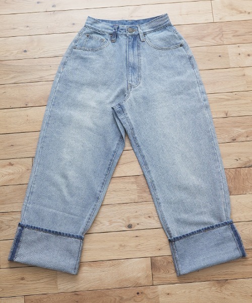 Futier land（フューティアランド）の「ルーズハイウエストロールアップワイドジーンズ（デニムパンツ・レディース・ライトブルー/インディゴブルー・SMALL/MEDIUM/LARGE）」の13枚目の写真