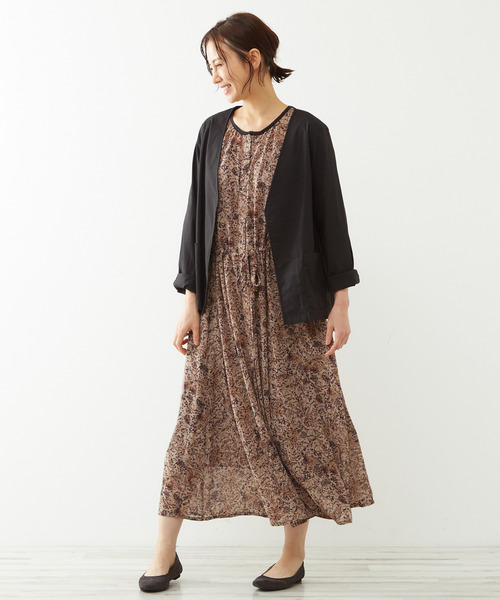 クレール のファッション ワンピース セール Melrose Claire メルローズ ワンピース ドレス Melrose ワンピース ビンテージ風の更紗プリントがシックな秋色夏アイテム パイピングがポイントの前開きワンピース