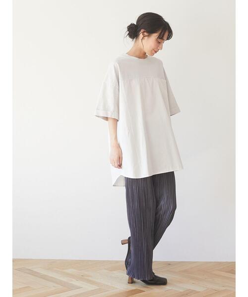 Green　Parks（グリーンパークス）の「ピグメント布帛ドッキング5分袖チュニック＊（Tシャツ/カットソー・レディース・チャコールグレー/ライトグレー/カーキ・FREE）」の19枚目の写真