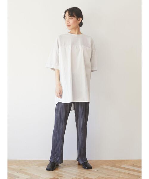 Green　Parks（グリーンパークス）の「ピグメント布帛ドッキング5分袖チュニック＊（Tシャツ/カットソー・レディース・チャコールグレー/ライトグレー/カーキ・FREE）」の18枚目の写真