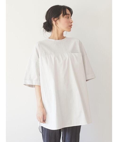 Green　Parks（グリーンパークス）の「ピグメント布帛ドッキング5分袖チュニック＊（Tシャツ/カットソー・レディース・チャコールグレー/ライトグレー/カーキ・FREE）」の17枚目の写真