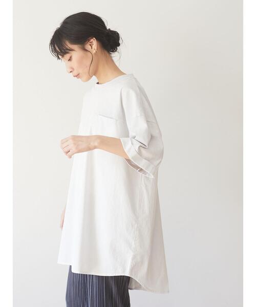 Green　Parks（グリーンパークス）の「ピグメント布帛ドッキング5分袖チュニック＊（Tシャツ/カットソー・レディース・チャコールグレー/ライトグレー/カーキ・FREE）」の16枚目の写真