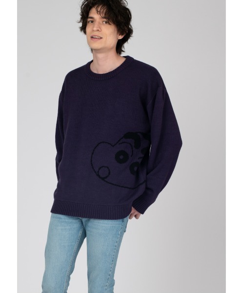 Design Tshirts Store graniph（デザイン　ティーシャツ　ストア　グラニフ）の「しんのすけ＆ぶりぶりざえもん(クレヨンしんちゃん)｜コラボニット（ニット/セーター・メンズ・パープル・SMALL/MEDIUM/LARGE）」の9枚目の写真