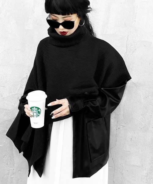 LVEU.（ラブユ.）の「Asymmetric rib knit cape / アシメリブニットケープ(Ai select)（ニット/セーター・レディース・ブラック・FREE）」の9枚目の写真