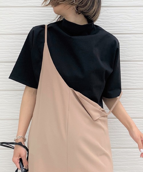 Q(キュー)の「ボトルネック5分袖T(Tシャツ/カットソー・レディース・アイボリー/ブラック/ベージュ・MEDIUM)」の3枚目の写真