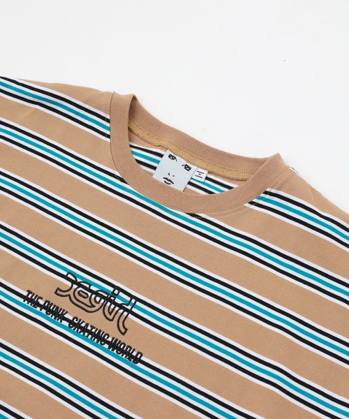 X-girl（エックスガール）の「STRIPED H/S TEE/ビッグシルエット/ストライプ/ボーダー/ハーフスリーブ Tシャツ（Tシャツ/カットソー・レディース・ベージュ/グリーン/ブラック・ONE SIZE）」の12枚目の写真