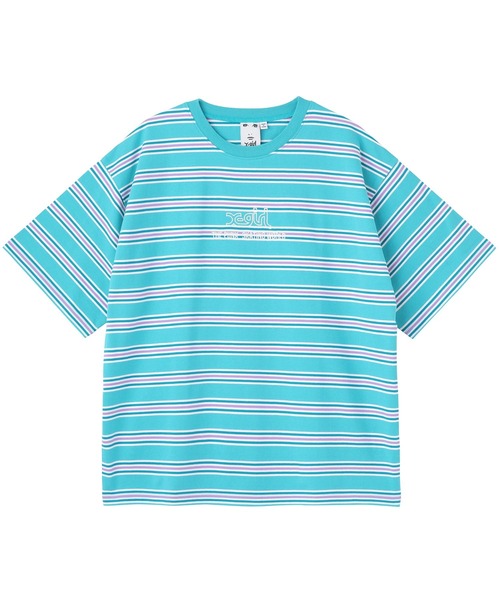 X-girl（エックスガール）の「STRIPED H/S TEE/ビッグシルエット/ストライプ/ボーダー/ハーフスリーブ Tシャツ（Tシャツ/カットソー・レディース・ベージュ/グリーン/ブラック・ONE SIZE）」の18枚目の写真