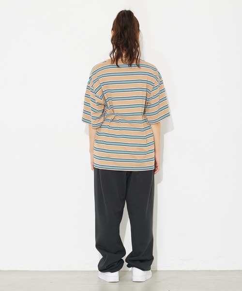 X-girl（エックスガール）の「STRIPED H/S TEE/ビッグシルエット/ストライプ/ボーダー/ハーフスリーブ Tシャツ（Tシャツ/カットソー・レディース・ベージュ/グリーン/ブラック・ONE SIZE）」の20枚目の写真