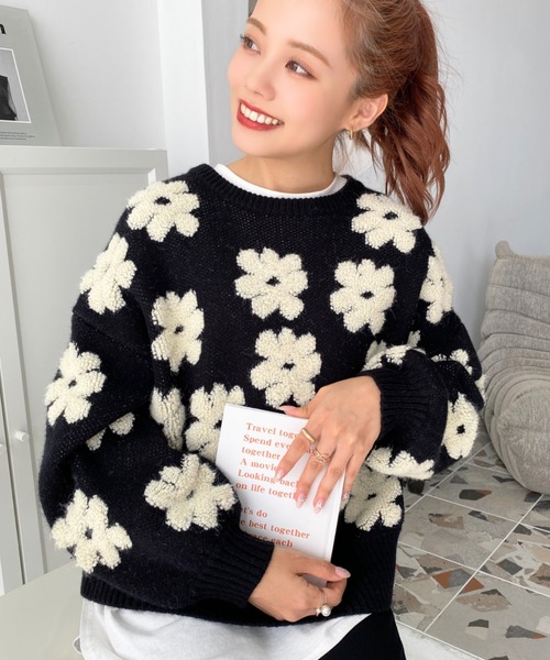 moment+(モーメントプラス)の「【累計販売枚数1万枚突破!】6G ループヤーン3Dもこもこフラワージャガードニットプルオーバー(ニット/セーター・レディース・グリーン/ピンク/ブラック/ブルー/ベージュ/イエロー・FREE/L/M)」の11枚目の写真