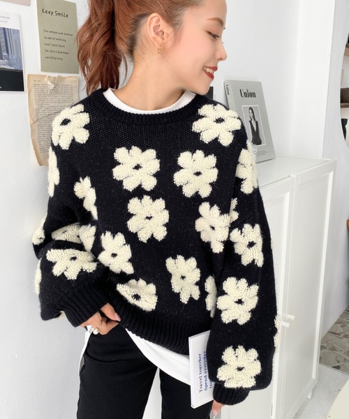 moment+(モーメントプラス)の「【累計販売枚数1万枚突破!】6G ループヤーン3Dもこもこフラワージャガードニットプルオーバー(ニット/セーター・レディース・グリーン/ピンク/ブラック/ブルー/ベージュ/イエロー・FREE/L/M)」の12枚目の写真