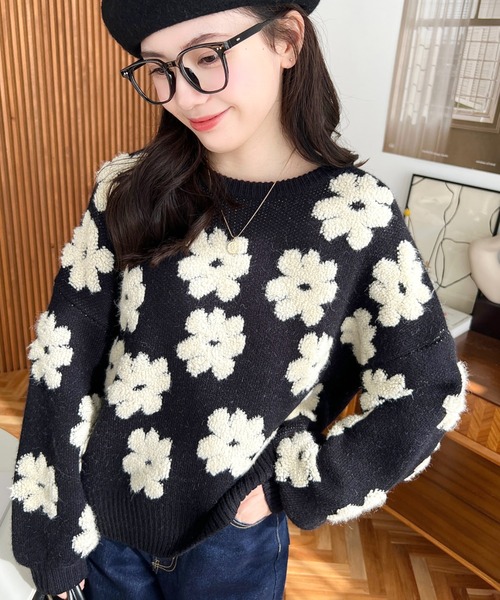 moment+(モーメントプラス)の「【累計販売枚数1万枚突破!】6G ループヤーン3Dもこもこフラワージャガードニットプルオーバー(ニット/セーター・レディース・グリーン/ピンク/ブラック/ブルー/ベージュ/イエロー・FREE/L/M)」の14枚目の写真