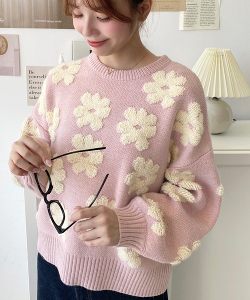 moment+(モーメントプラス)の「【累計販売枚数1万枚突破!】6G ループヤーン3Dもこもこフラワージャガードニットプルオーバー(ニット/セーター・レディース・グリーン/ピンク/ブラック/ブルー/ベージュ/イエロー・FREE/L/M)」の19枚目の写真