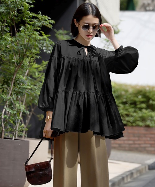 セール】【綿100％使用】ボリューム袖ティアードブラウス（シャツ