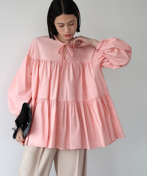 セール】【綿100％使用】ボリューム袖ティアードブラウス（シャツ