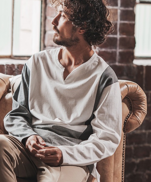FACTOTUM（ファクトタム）の「mlt3970- Block Color Scheme & Key-neck Long-sleeve T-Shirt カットソー（Tシャツ/カットソー・メンズ・ホワイト/ブラック/ブルー系その他・48/44/46）」の9枚目の写真