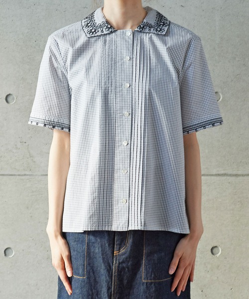 PAR ICI（パーリッシィ）の「コードお花刺繍 半袖ブラウス（シャツ/ブラウス・レディース・チェック/ホワイト/ネイビー・FREE）」の14枚目の写真