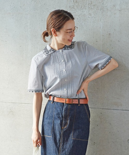 PAR ICI（パーリッシィ）の「コードお花刺繍 半袖ブラウス（シャツ/ブラウス・レディース・チェック/ホワイト/ネイビー・FREE）」の7枚目の写真