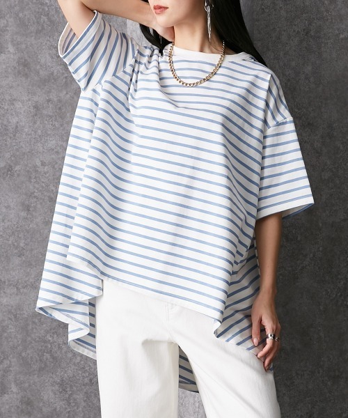 Soiunique（スワユニーク）の「ゆったりサイズバックフレアボーダーＴシャツ ［Soiunique］（Tシャツ/カットソー・レディース・ホワイト×ネイビー/ブラック×ホワイト/ホワイト×ブルー/ホワイト×グリーン・M/L）」の3枚目の写真