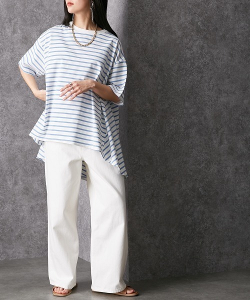 Soiunique（スワユニーク）の「ゆったりサイズバックフレアボーダーＴシャツ ［Soiunique］（Tシャツ/カットソー・レディース・ホワイト×ネイビー/ブラック×ホワイト/ホワイト×ブルー/ホワイト×グリーン・M/L）」の13枚目の写真