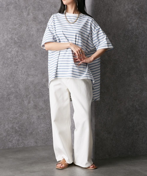 Soiunique（スワユニーク）の「ゆったりサイズバックフレアボーダーＴシャツ ［Soiunique］（Tシャツ/カットソー・レディース・ホワイト×ネイビー/ブラック×ホワイト/ホワイト×ブルー/ホワイト×グリーン・M/L）」の15枚目の写真