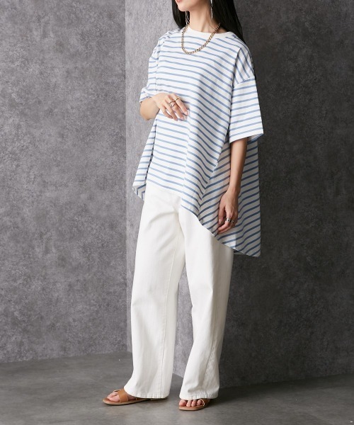 Soiunique（スワユニーク）の「ゆったりサイズバックフレアボーダーＴシャツ ［Soiunique］（Tシャツ/カットソー・レディース・ホワイト×ネイビー/ブラック×ホワイト/ホワイト×ブルー/ホワイト×グリーン・M/L）」の16枚目の写真
