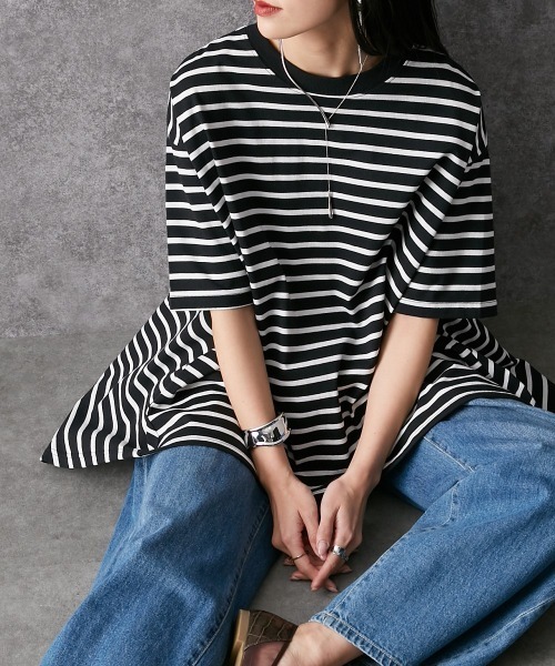 Soiunique（スワユニーク）の「ゆったりサイズバックフレアボーダーＴシャツ ［Soiunique］（Tシャツ/カットソー・レディース・ホワイト×ネイビー/ブラック×ホワイト/ホワイト×ブルー/ホワイト×グリーン・M/L）」の17枚目の写真