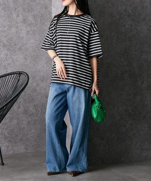 Soiunique（スワユニーク）の「ゆったりサイズバックフレアボーダーＴシャツ ［Soiunique］（Tシャツ/カットソー・レディース・ホワイト×ネイビー/ブラック×ホワイト/ホワイト×ブルー/ホワイト×グリーン・M/L）」の18枚目の写真