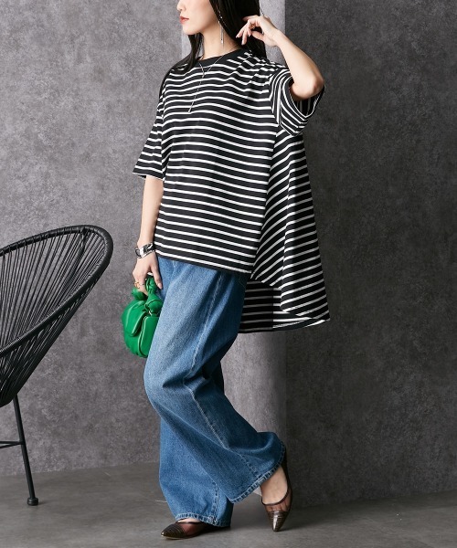 Soiunique（スワユニーク）の「ゆったりサイズバックフレアボーダーＴシャツ ［Soiunique］（Tシャツ/カットソー・レディース・ホワイト×ネイビー/ブラック×ホワイト/ホワイト×ブルー/ホワイト×グリーン・M/L）」の20枚目の写真