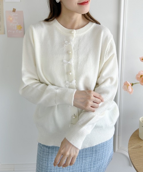 Loueme（ルエム）の「パール＆リボンカーディガン（カーディガン