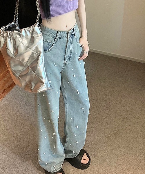 【CHANEL】25p パールデザイン★ワイドデニムパンツ CHANEL】25p パールデザイン☆ワイドデニムパンツ (CHANEL