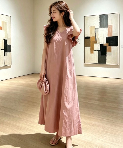 「未使用品」ベージュ 半袖 ロングワンピース フリル セール】フリルスリーブ Vネックコットンシンプルカジュアルルーズ