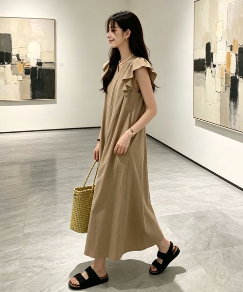gossip!ロサンゼルス(ゴシップロサンゼルス)の「フリルスリーブ Vネックコットンシンプルカジュアルルーズロングワンピース(ワンピース・レディース・ピンク/ブラック/ベージュ・FREE)」の22枚目の写真