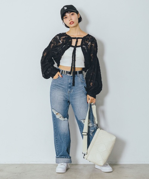 PAGEBOY(ページボーイ)の「シアーフェザージャガードボレロ(カーディガン/ボレロ・レディース・ブラック/オフホワイト/ネイビー・FREE)」の7枚目の写真