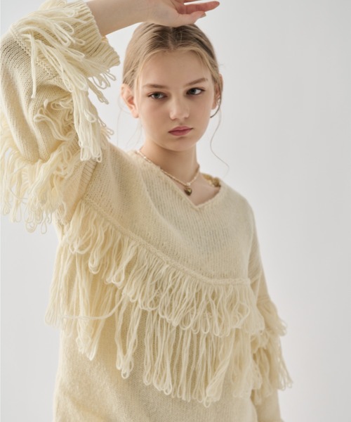 idem(イデム)の「fringe loose knit/フリンジニット(ニット/セーター・レディース・アイボリー/ピンク・FREE)」の21枚目の写真