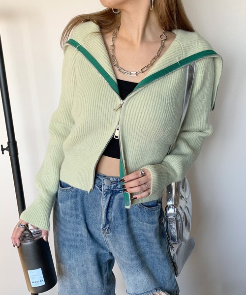 non-hedge(ノンヘッジ)の「テープ配色ダブルジップカーディガン(カーディガン/ボレロ・レディース・ブラック/グリーン/グレー・FREE)」の3枚目の写真